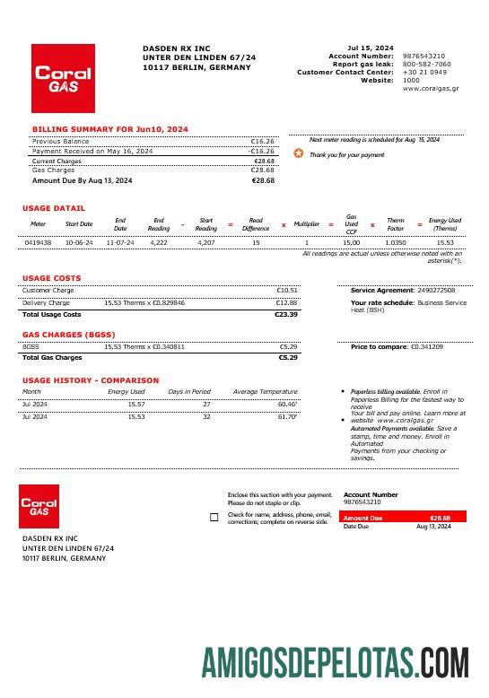 realista Modelo de fatura de serviços públicos de negócios CORAL GAS da Grécia em formatos Word e PDF